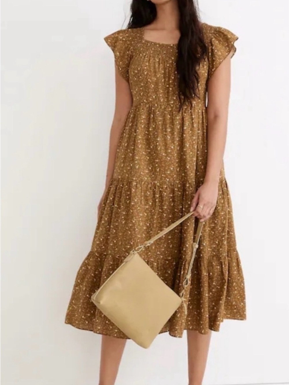 Madewell Tiered Flutter-Sleeve Midi Dress in Mustard Floral